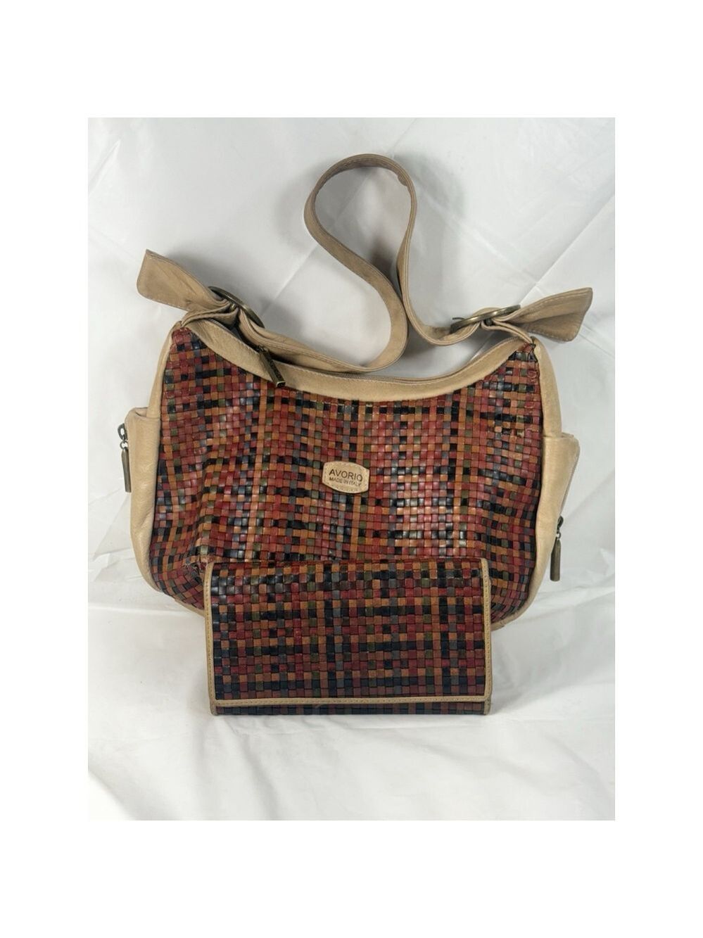 Vintage Avorio Leather Woven Hobo Bag Purse with matching wallet